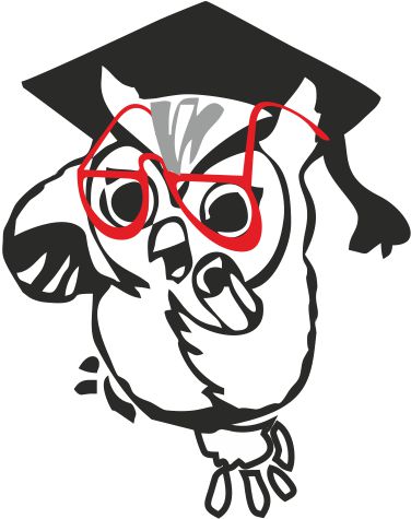 Illustration of an owl with red glasses and a graduation cap representing accounting firm offering VAT, tax, and legal services.